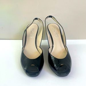 Michael Kors Vivian Patent Leather Peep Toe Slingback Wedge Heels Black